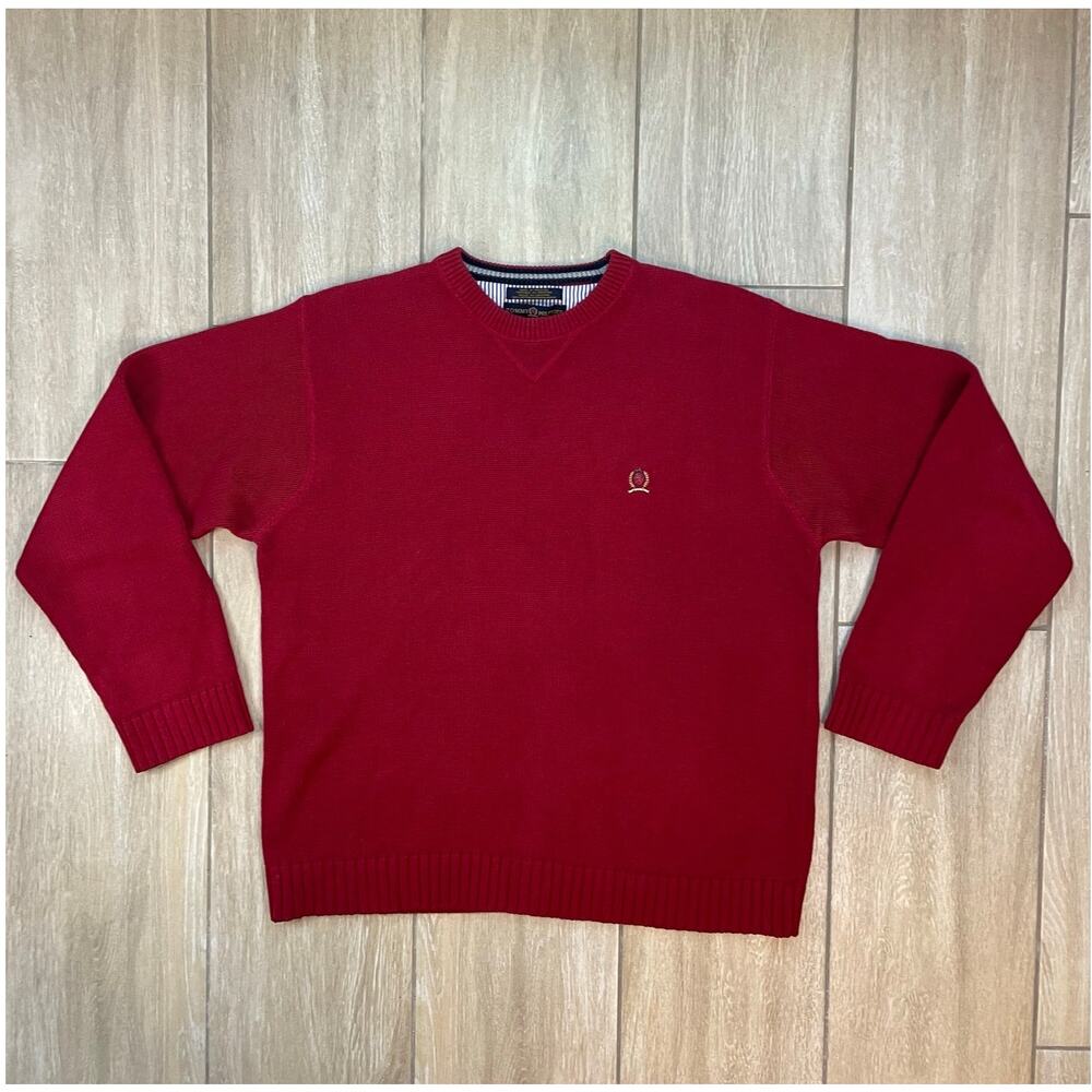Tommy Hilfiger Red Cotton V-Neck Sweater Men’s XL Crest Logo Preppy Classic